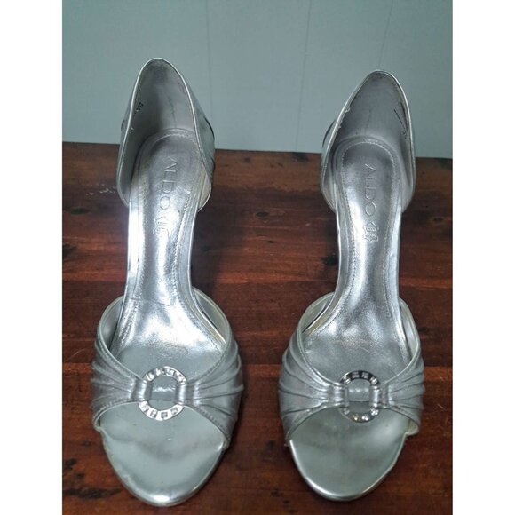 ALDO D'Orsay Heels Silver Metallic Leather Sandals Shoes Rhinestone Size 39 8 - Picture 1 of 9